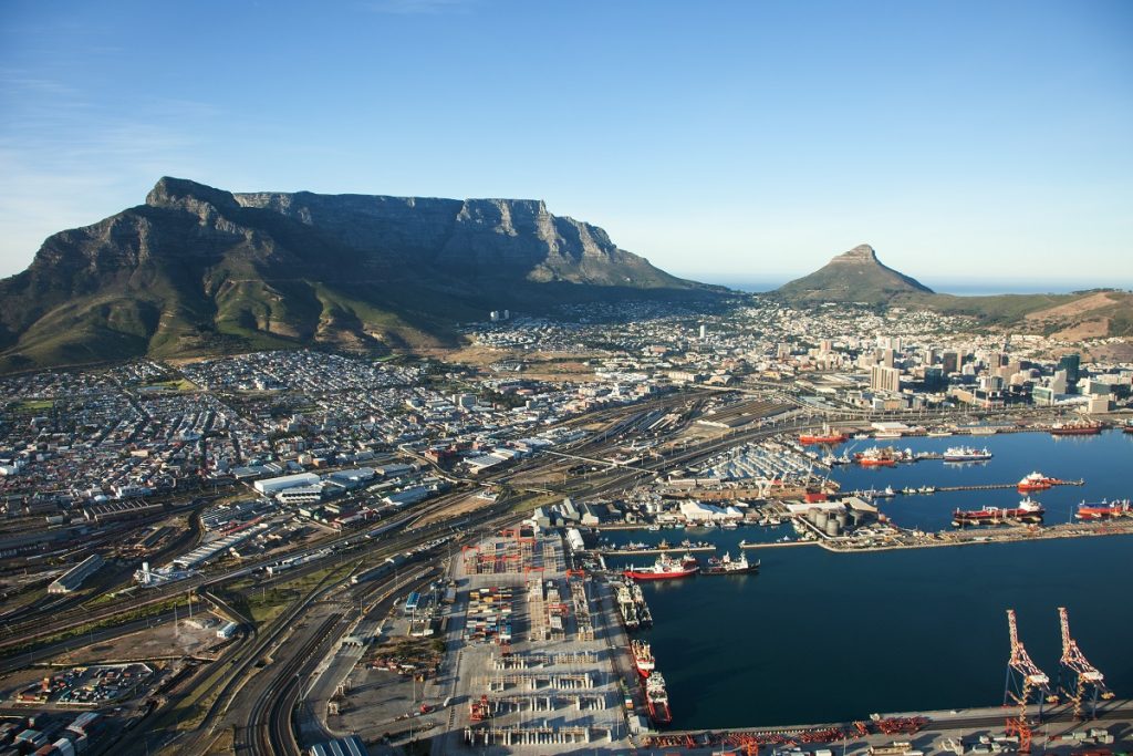 Aerial view of Cape Town city with Cape Town Harbour and Table Mountain, South Africa