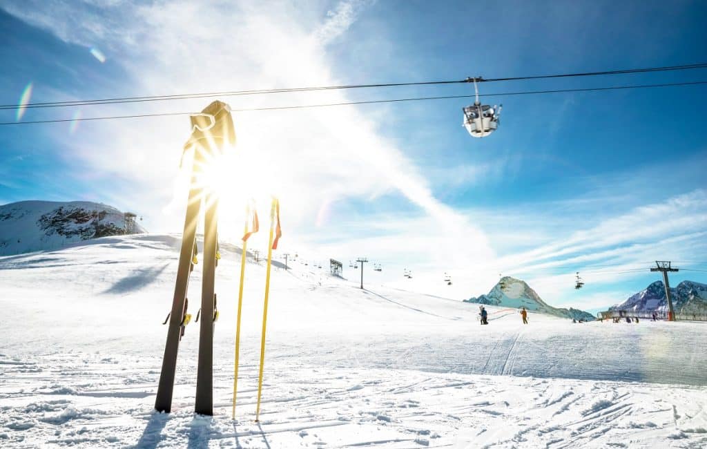 Panoramic view of ski resort glacier and chair lift in french alps