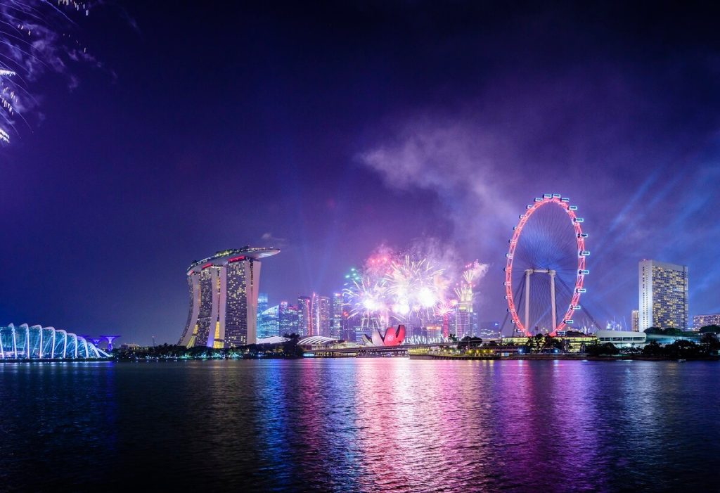 Fireworks over Singapore city skyline